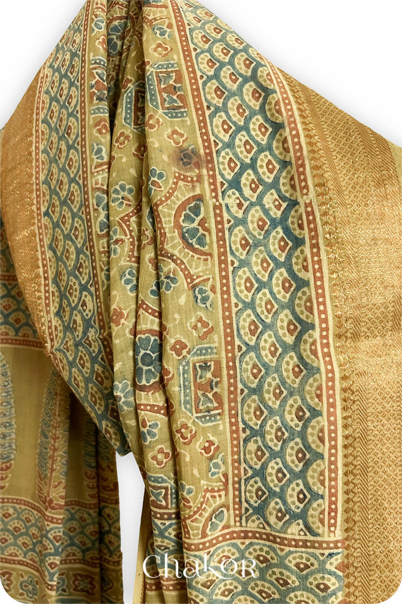 Natural Dyed Ochure Traditional Ajrakh Mangalgiri Cotton Dupatta with tassels from Chakor.