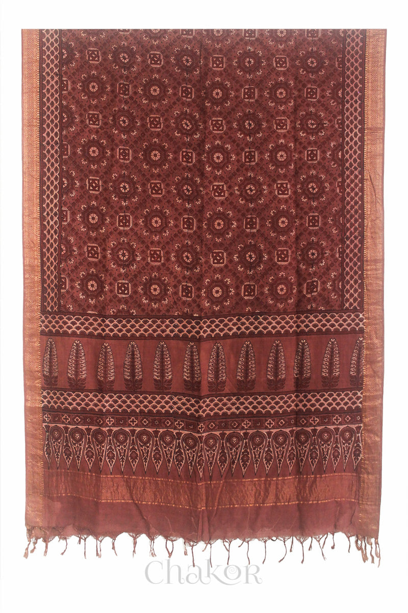 Natural Dyed Maroon Traditional Ajrakh Mangalgiri Cotton Dupatta with tassels by Chakor.