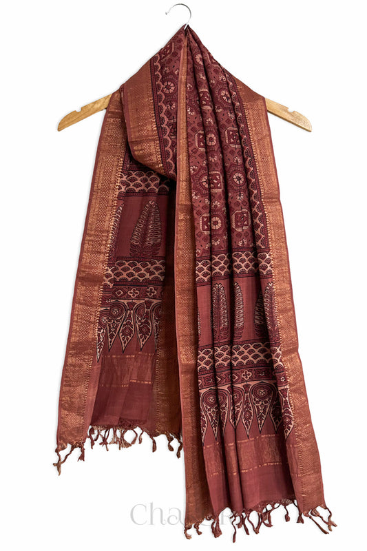 Natural Dyed Maroon Traditional Ajrakh Mangalgiri Cotton Dupatta with tassels by Chakor.