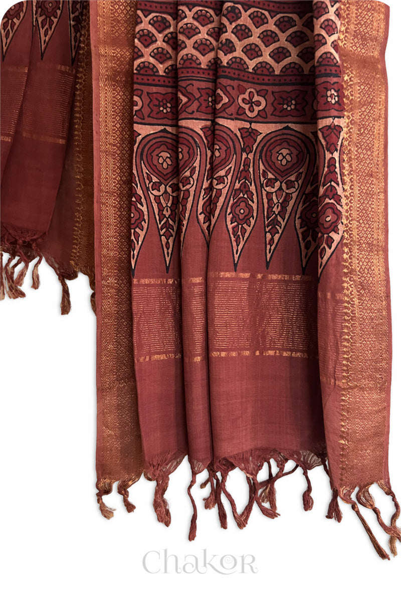 Natural Dyed Maroon Traditional Ajrakh Mangalgiri Cotton Dupatta with tassels by Chakor.