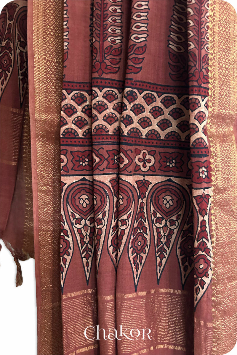 Natural Dyed Maroon Traditional Ajrakh Mangalgiri Cotton Dupatta with tassels by Chakor.