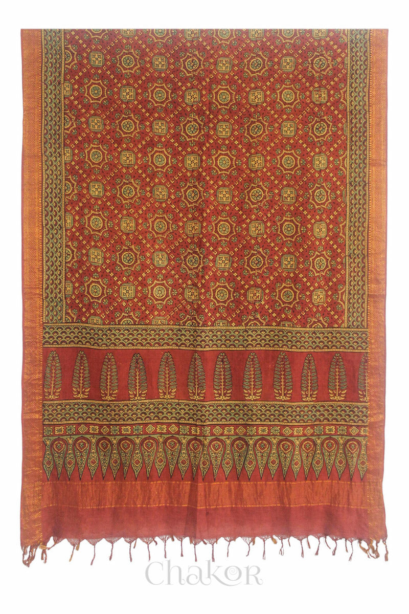 Natural Dyed Red Green Traditional Ajrakh Mangalgiri Cotton Dupatta with tassels by Chakor.