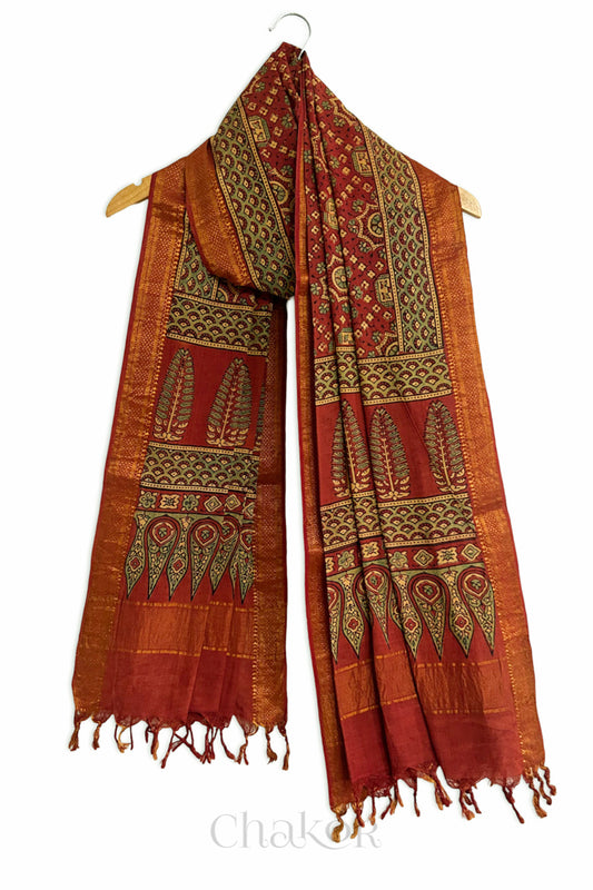 Natural Dyed Red Green Traditional Ajrakh Mangalgiri Cotton Dupatta with tassels by Chakor.