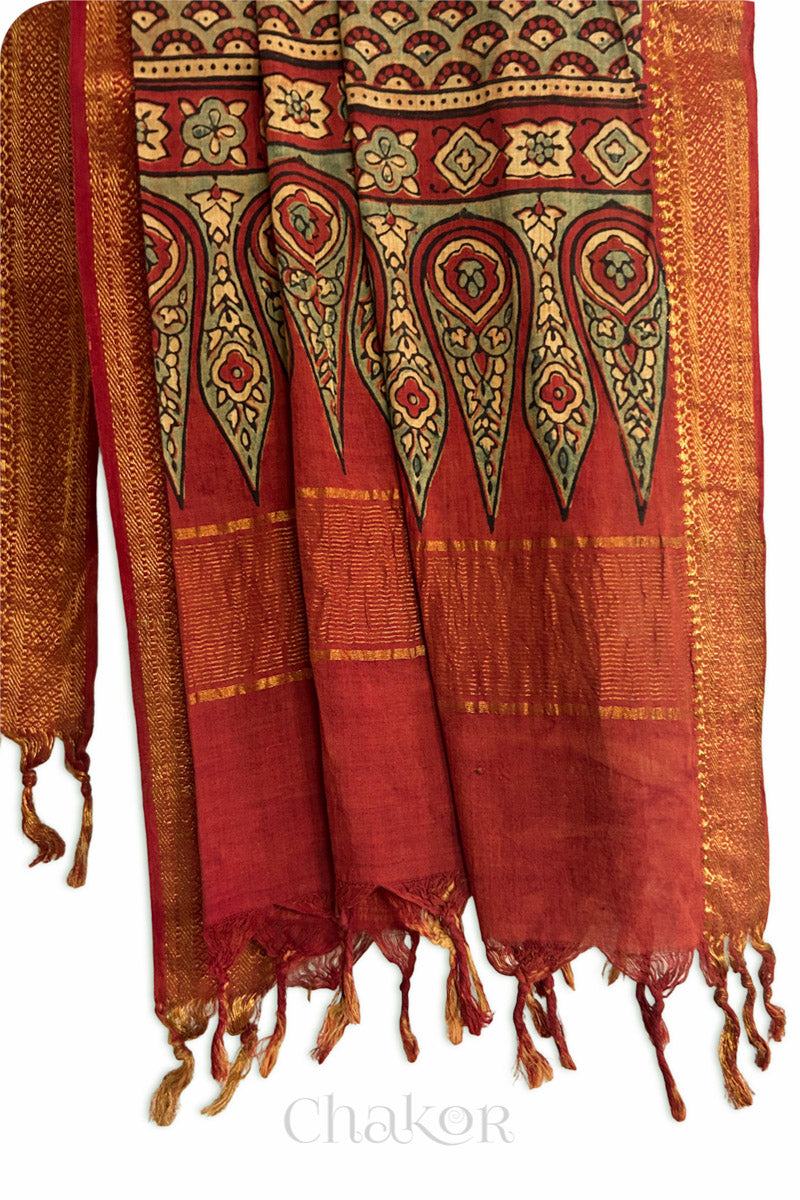 Natural Dyed Red Green Traditional Ajrakh Mangalgiri Cotton Dupatta with tassels by Chakor.