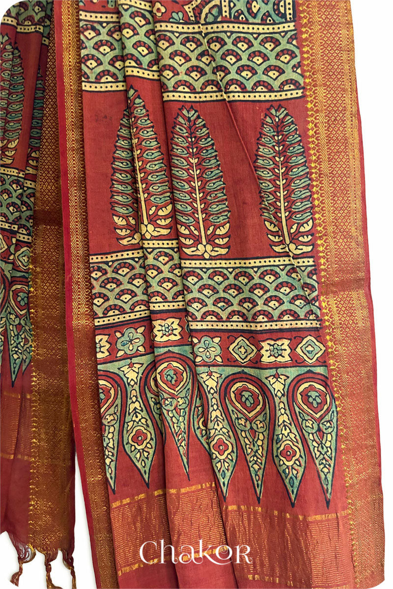 Natural Dyed Red Green Traditional Ajrakh Mangalgiri Cotton Dupatta with tassels by Chakor.