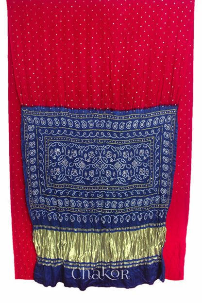 Chakor's traditional Red indigo bandhani pure silk saree with embroidery.
