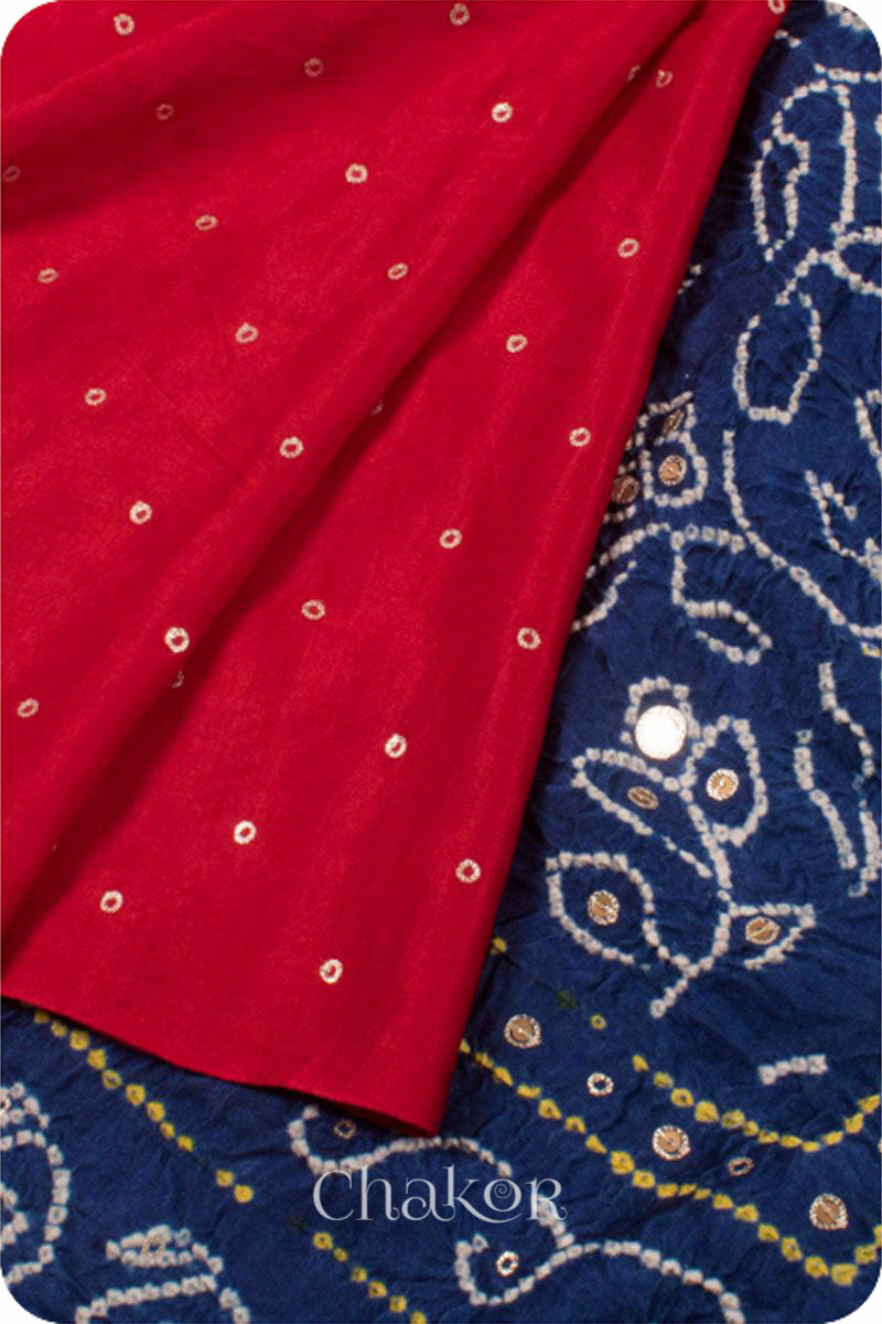 Chakor's traditional Red indigo bandhani pure silk saree with embroidery.