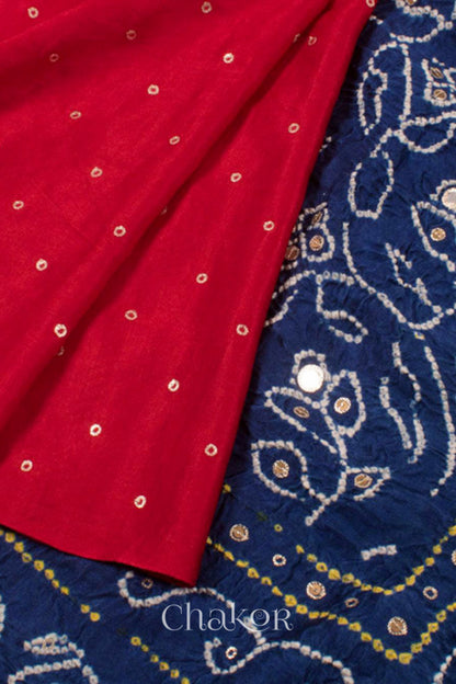 Chakor's traditional Red indigo bandhani pure silk saree with embroidery.