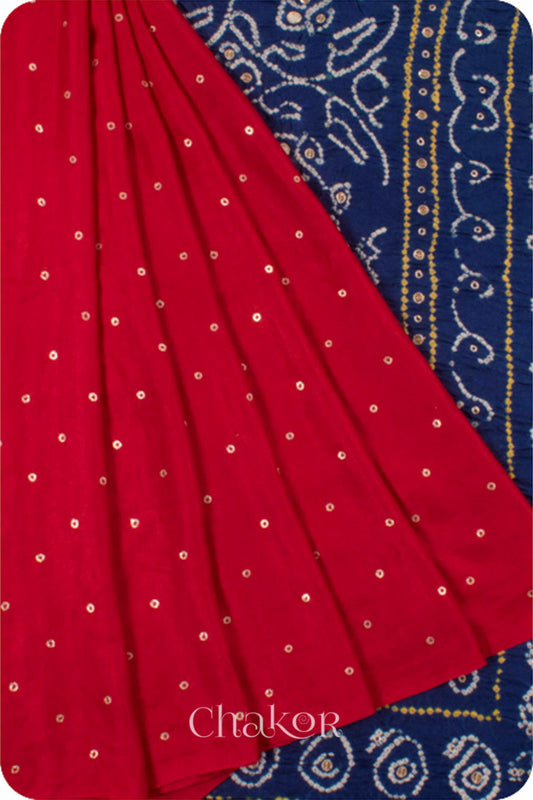 Chakor's traditional Red indigo bandhani pure silk saree with embroidery.