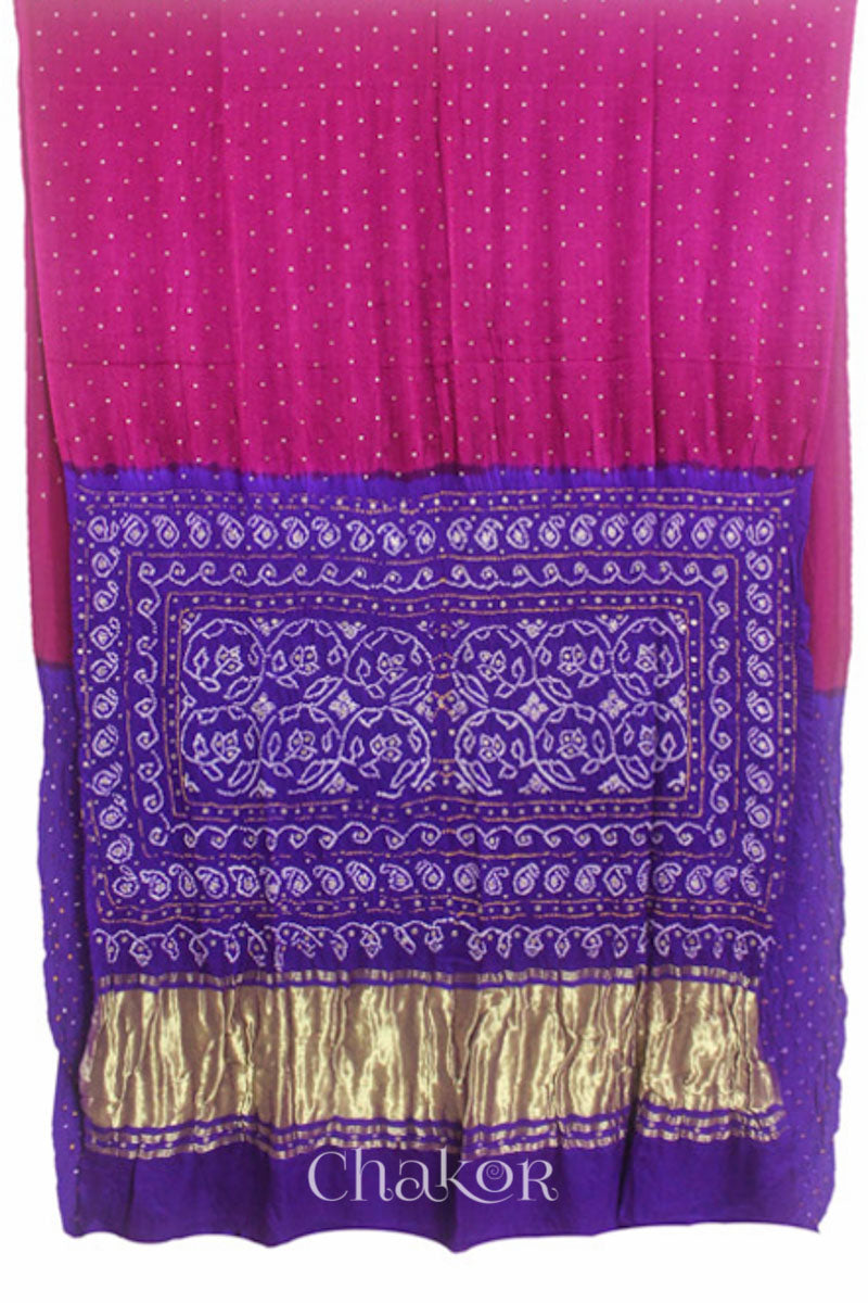 Chakor's traditional Magenta Purple bandhani pure silk saree with embroidery.