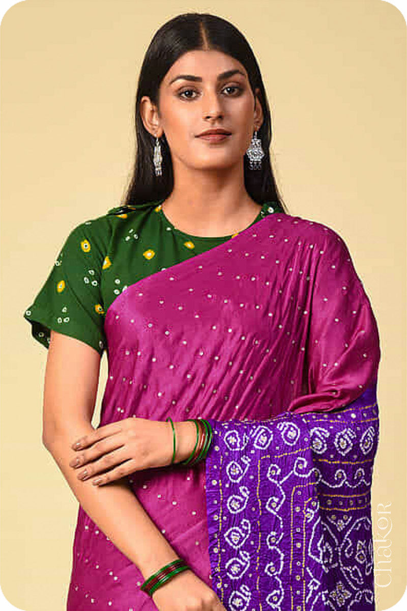 Chakor's traditional Magenta Purple bandhani pure silk saree with embroidery.