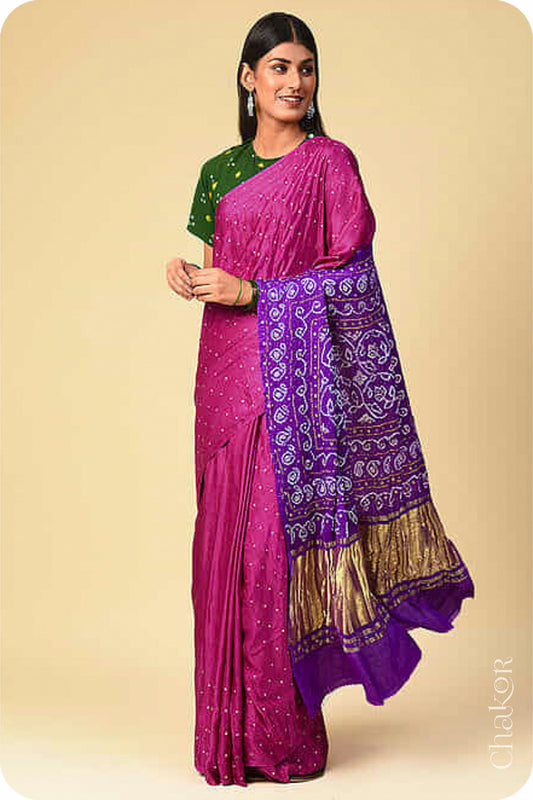 Chakor's traditional Magenta Purple bandhani pure silk saree with embroidery.