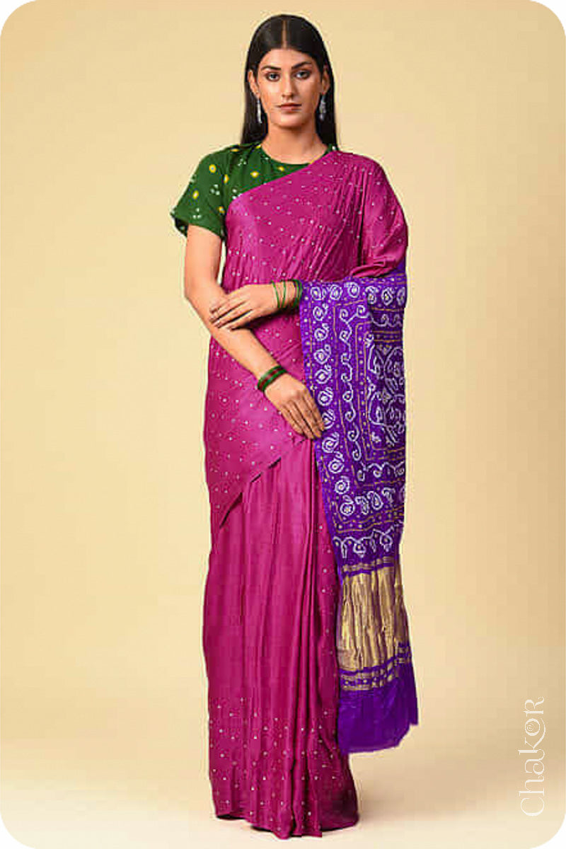 Chakor's traditional Magenta Purple bandhani pure silk saree with embroidery.