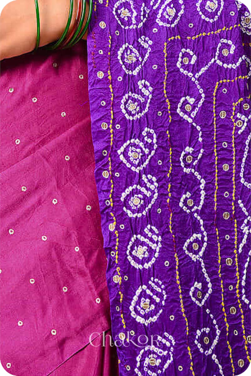 Chakor's traditional Magenta Purple bandhani pure silk saree with embroidery.