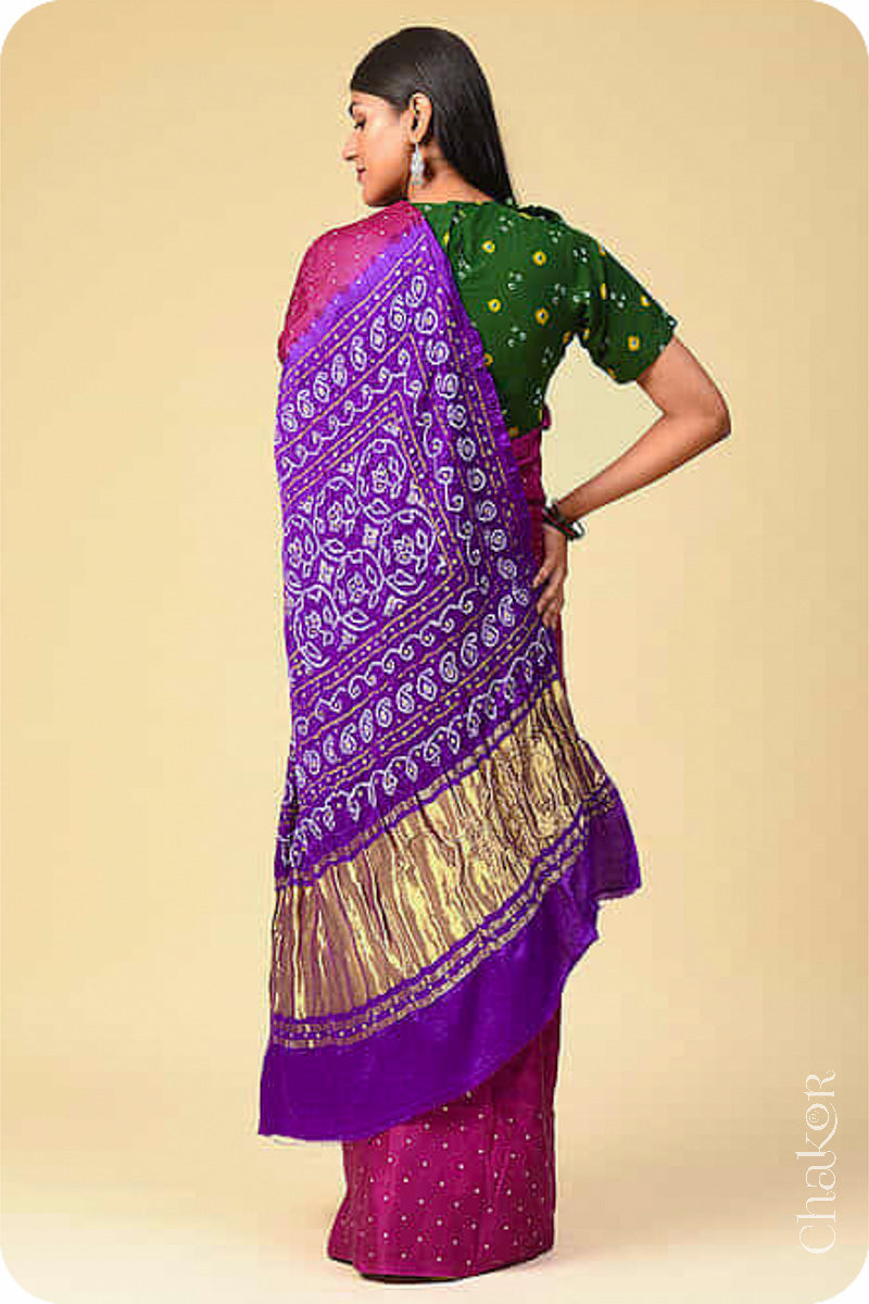 Chakor's traditional Magenta Purple bandhani pure silk saree with embroidery.