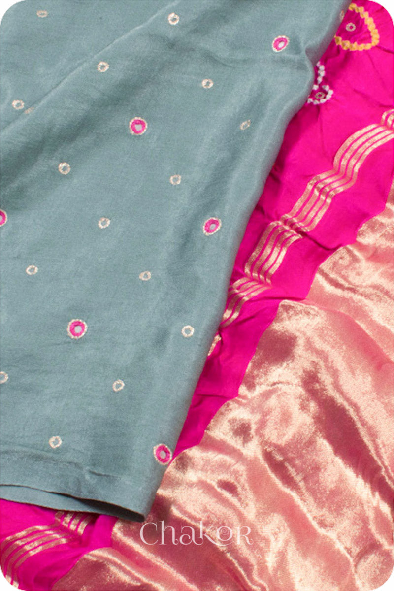 Chakor's traditional Grey Pink bandhani pure silk saree with embroidery.