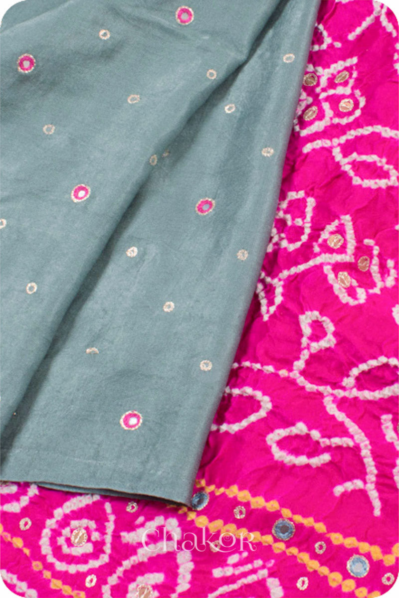 Chakor's traditional Grey Pink bandhani pure silk saree with embroidery.