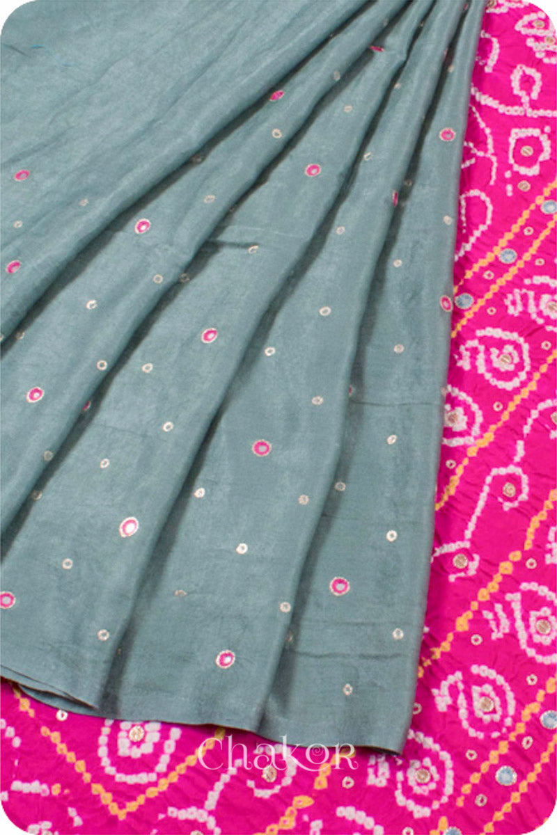 Chakor's traditional Grey Pink bandhani pure silk saree with embroidery.