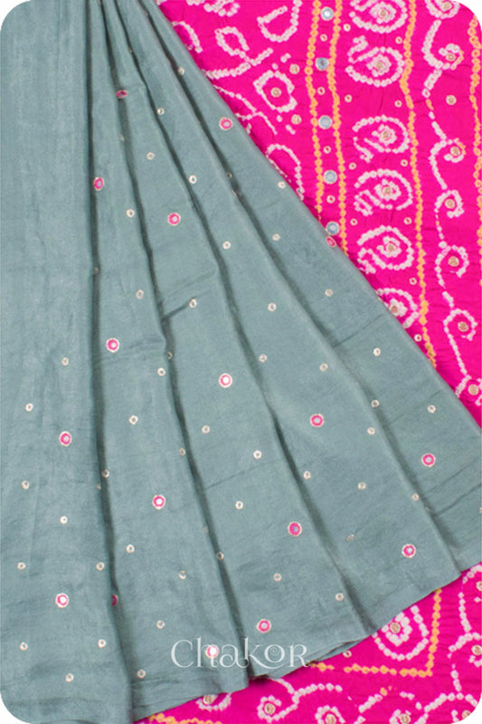 Chakor's traditional Grey Pink bandhani pure silk saree with embroidery.