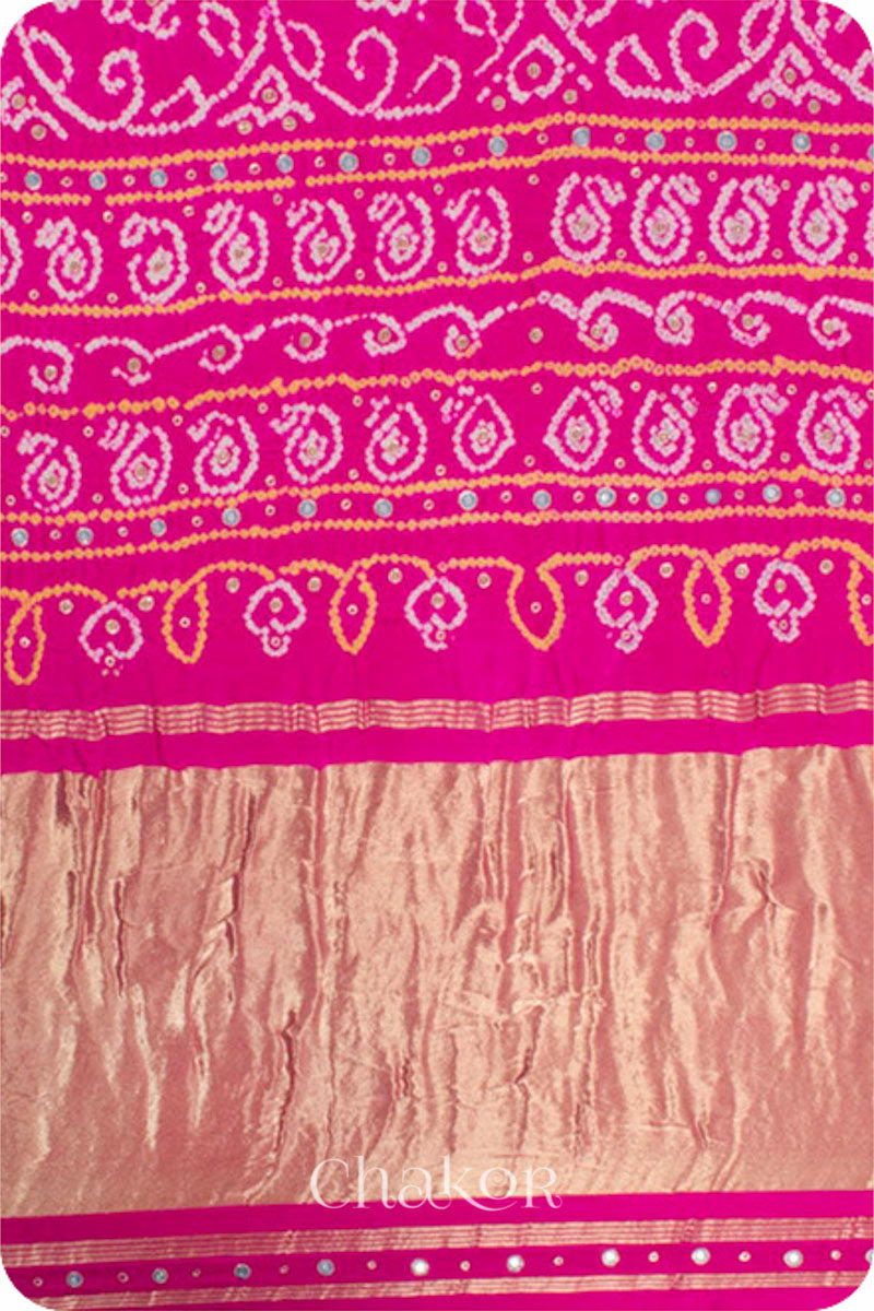 Chakor's traditional Grey Pink bandhani pure silk saree with embroidery.