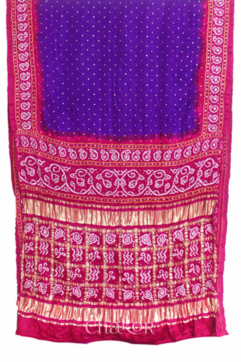 Chakor's traditional Purple Magenta bandhani pure silk saree with sequins & mirror embroidery.