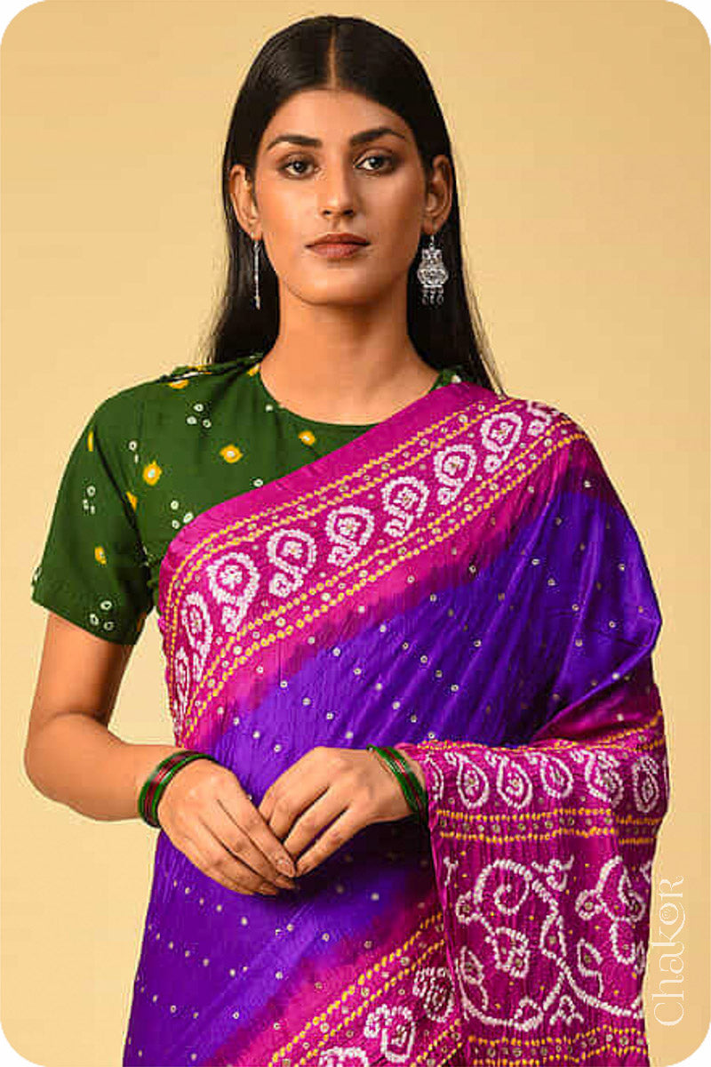 Chakor's traditional Purple Magenta bandhani pure silk saree with sequins & mirror embroidery.