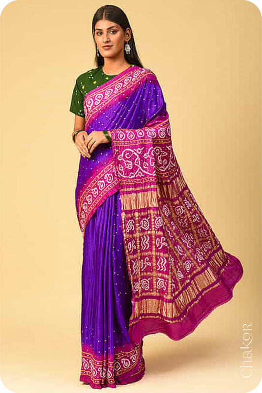 Chakor's traditional Purple Magenta bandhani pure silk saree with sequins & mirror embroidery.