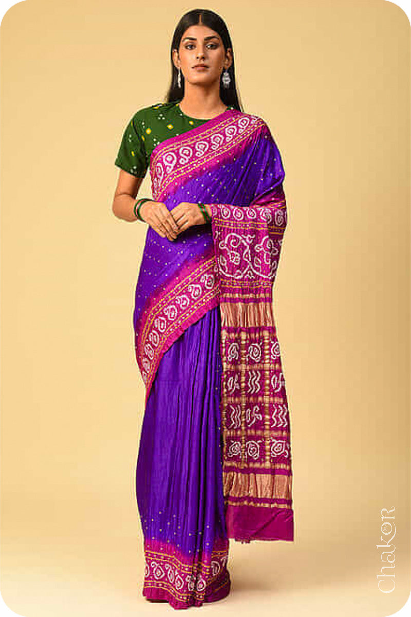 Chakor's traditional Purple Magenta bandhani pure silk saree with sequins & mirror embroidery.