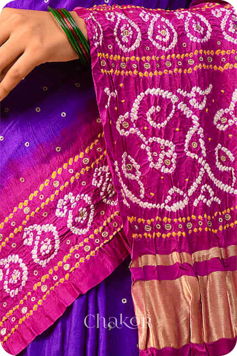 Chakor's traditional Purple Magenta bandhani pure silk saree with sequins & mirror embroidery.