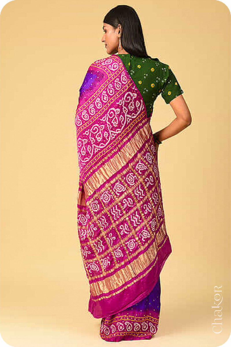 Chakor's traditional Purple Magenta bandhani pure silk saree with sequins & mirror embroidery.