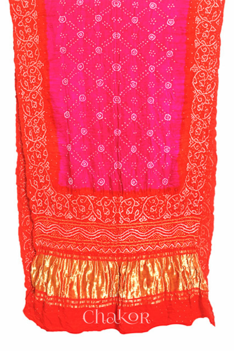 Chakor's traditional Pink Orange bandhani pure silk saree with mukaish embroidery.