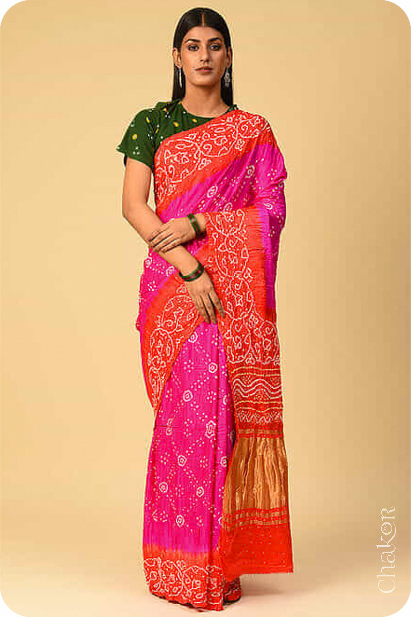 Chakor's traditional Pink Orange bandhani pure silk saree with mukaish embroidery.