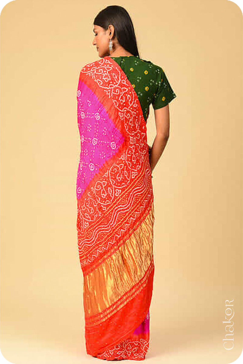 Chakor's traditional Pink Orange bandhani pure silk saree with mukaish embroidery.