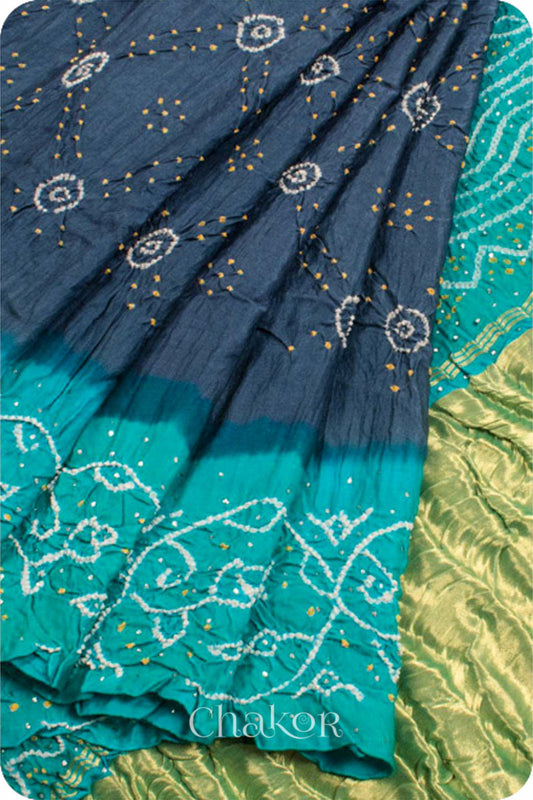 Chakor's traditional Grey Green bandhani pure silk saree with mukaish embroidery.