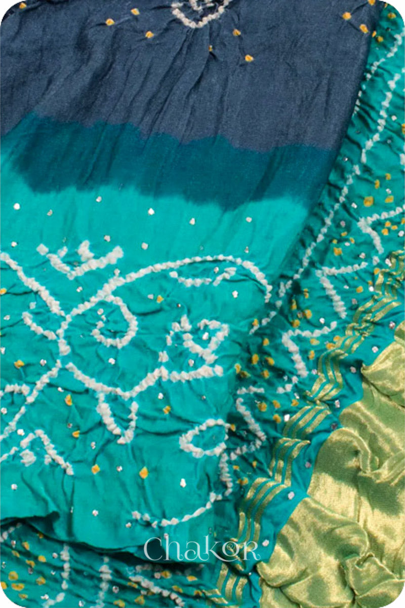 Chakor's traditional Grey Green bandhani pure silk saree with mukaish embroidery.