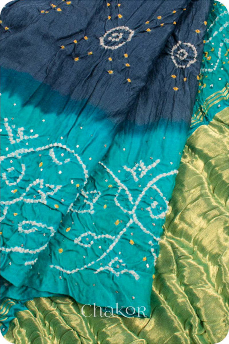 Chakor's traditional Grey Green bandhani pure silk saree with mukaish embroidery.