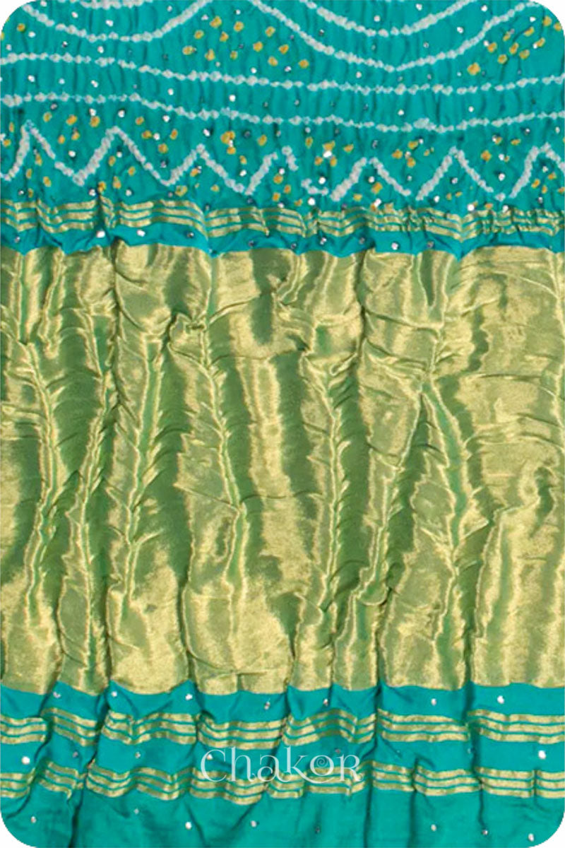 Chakor's traditional Grey Green bandhani pure silk saree with mukaish embroidery.