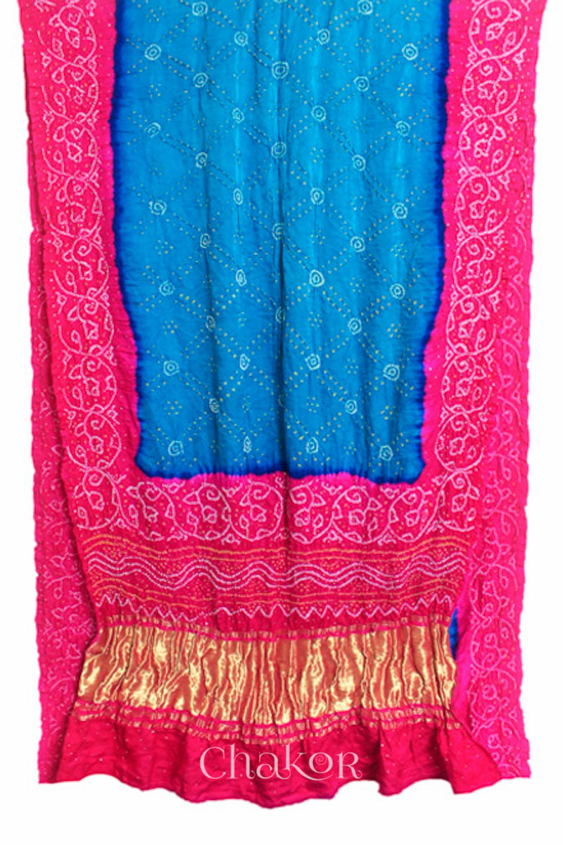 Chakor's traditional Blue Pink bandhani pure silk saree with embroidery.