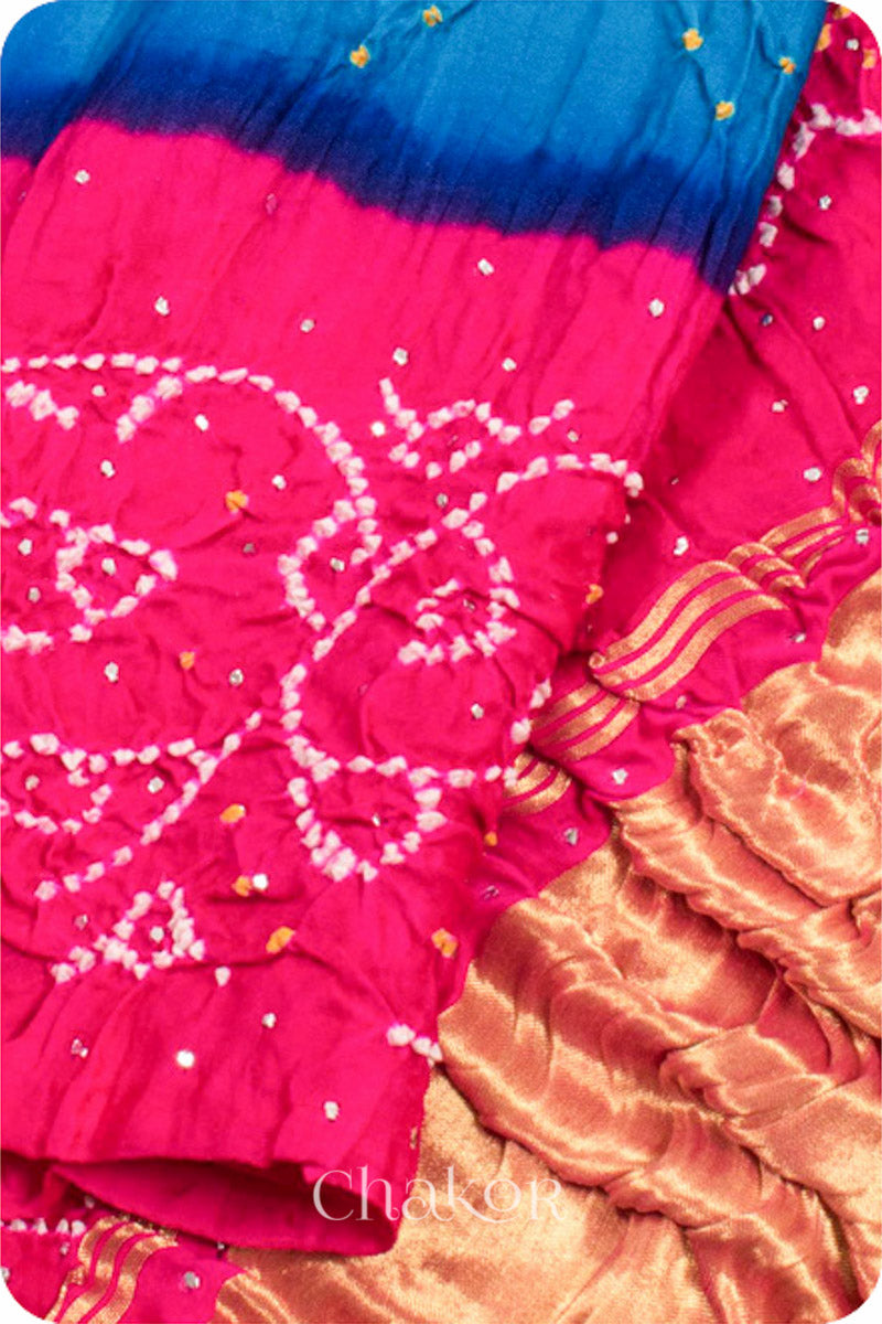 Chakor's traditional Blue Pink bandhani pure silk saree with embroidery.