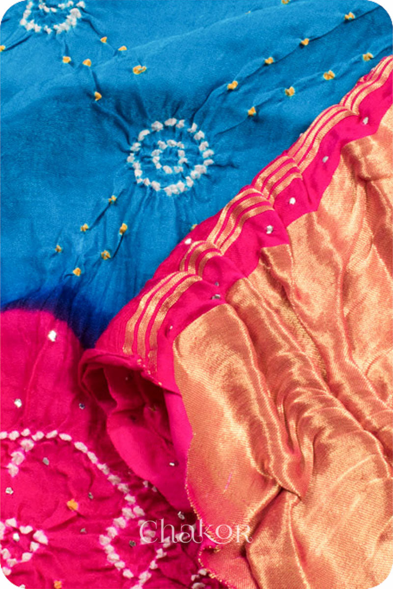 Chakor's traditional Blue Pink bandhani pure silk saree with embroidery.