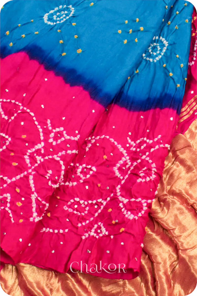 Chakor's traditional Blue Pink bandhani pure silk saree with embroidery.