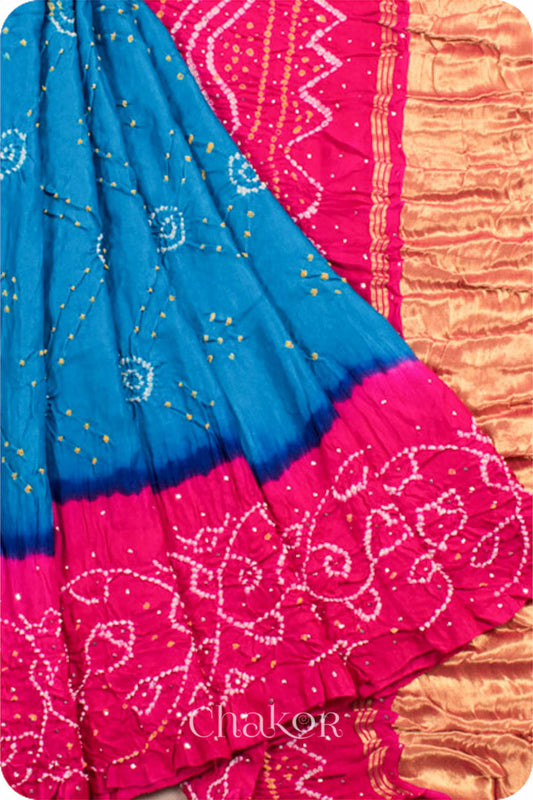 Chakor's traditional Blue Pink bandhani pure silk saree with embroidery.