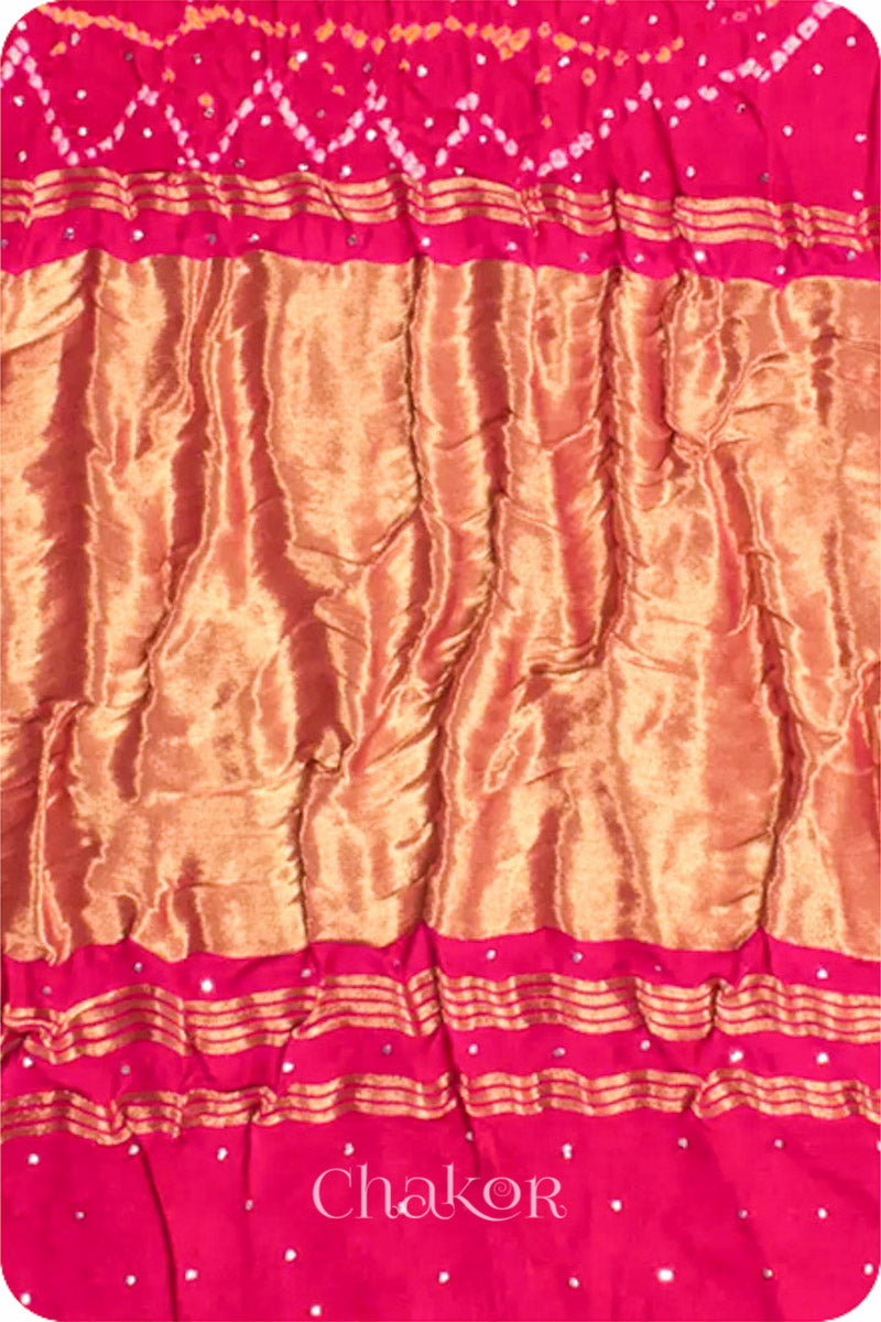 Chakor's traditional Blue Pink bandhani pure silk saree with embroidery.