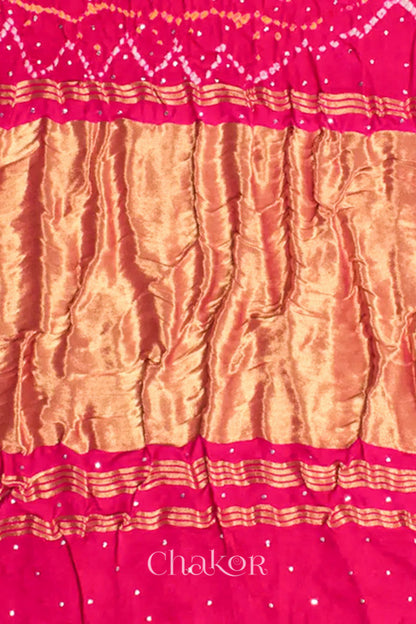 Chakor's traditional Blue Pink bandhani pure silk saree with embroidery.