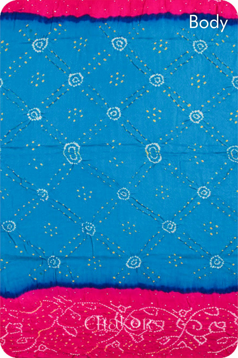 Chakor's traditional Blue Pink bandhani pure silk saree with embroidery.