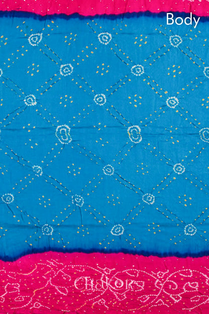 Chakor's traditional Blue Pink bandhani pure silk saree with embroidery.