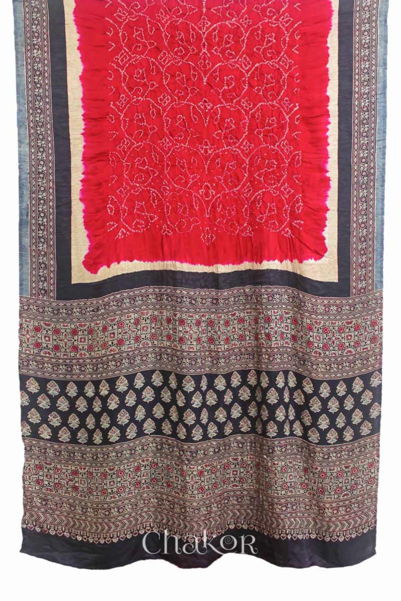 Chakor's traditional Red Black bandhani ajrakh pure silk saree.