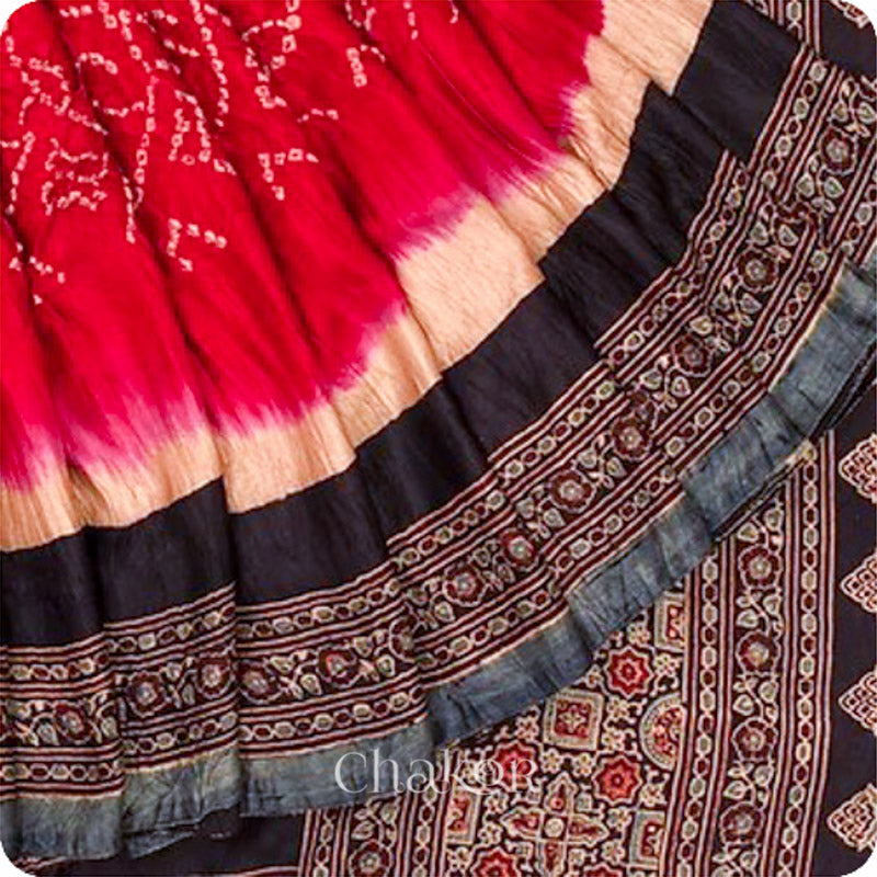 Chakor's traditional Red Black bandhani ajrakh pure silk saree.