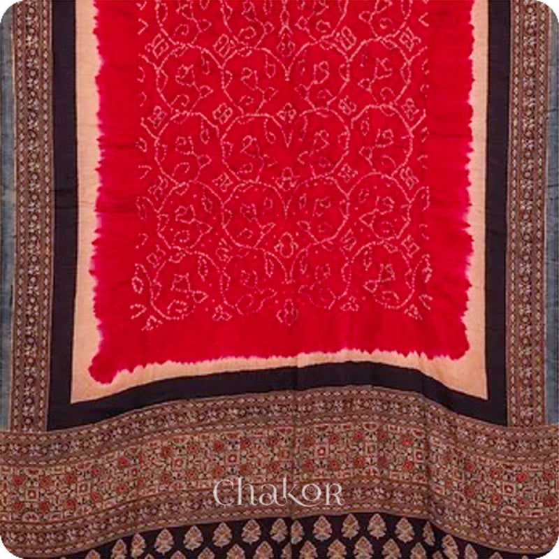 Chakor's traditional Red Black bandhani ajrakh pure silk saree.