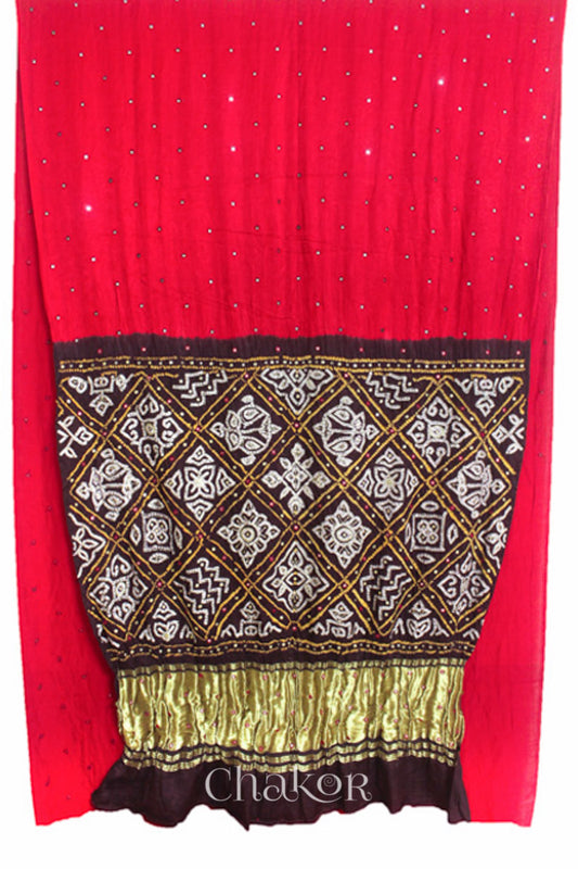 Chakor's traditional Red Brown bandhani pure silk saree with embroidery.